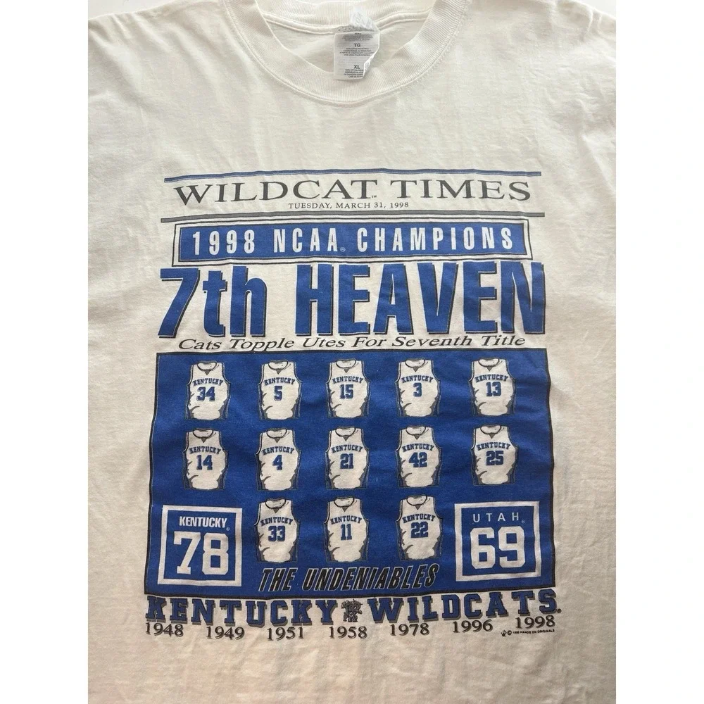 VTG Kentucky Wildcats Shirt‎ Size XL 1998 NCAA Champions Basketball Gildan Hands